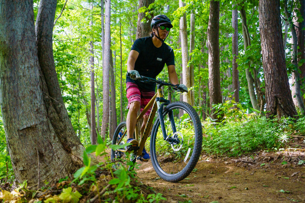 A man riding a mountain bike through a shaded forest trail, surrounded by tall trees and greenery.